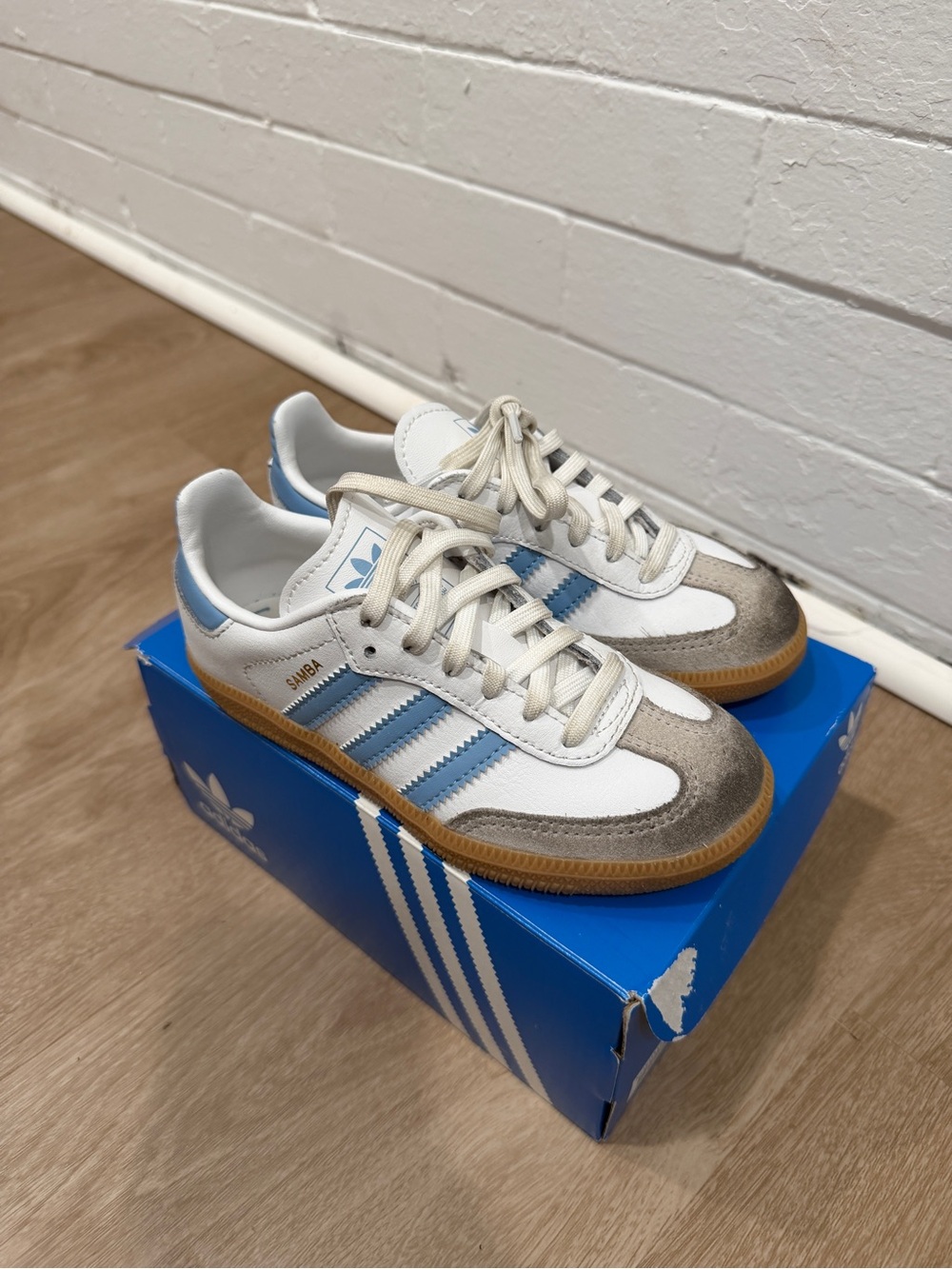 adidas Kids Samba Sneakers in White, Light Blue & Gum